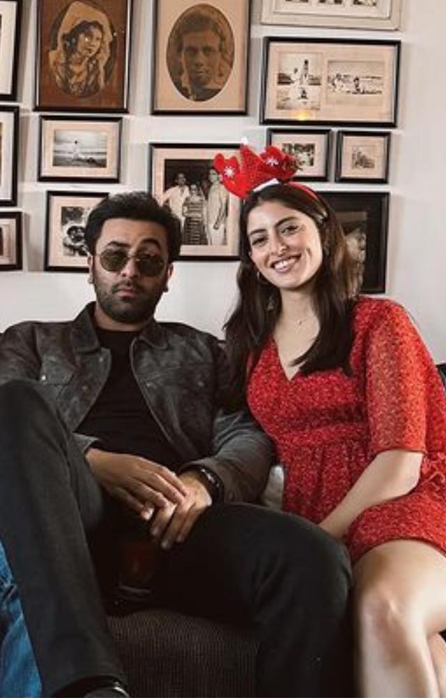 Ranbir Kapoor and Navya Nanda strike a festive pose, capturing the joy of Christmas celebrations in a heartwarming moment of togetherness and cheer.
